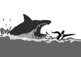 Businessman swimming panicly avoiding shark attacks vector