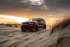 lujo coche en arena dunas. generativo ai foto