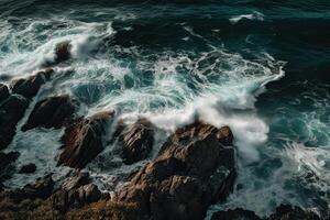 Aerial view of waves crashing against the rocks in the ocean. photo