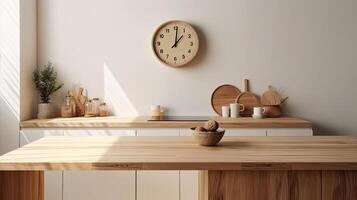 Interior of modern kitchen with white walls, wooden countertops, round wooden bowls with dried flowers and clocks. 3d rendering. photo