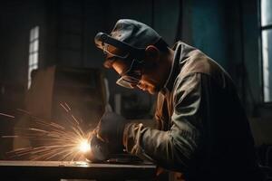 Worker making electric grinding wheel on steel structure in factory Metal processing with an angle grinder sparks in metal. photo