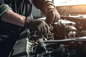 Auto mechanic working on car broken engine in mechanics service or garage. Transport maintenance wrench detial. Generative AI photo