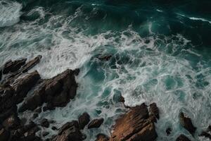 Aerial view of waves crashing against the rocks in the ocean. photo