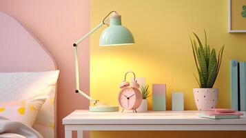close up photo Children's desk with reading book, pencil, alarm clock with copy space..