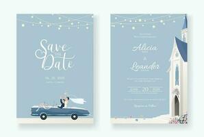 Set of wedding cards, Invitation, save the date template. Newlywed couple is driving a convertible, after Church ceremony image. Vector