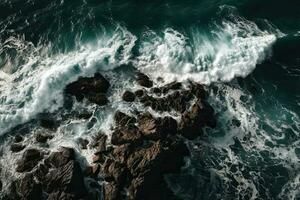 Aerial view of waves crashing against the rocks in the ocean. photo