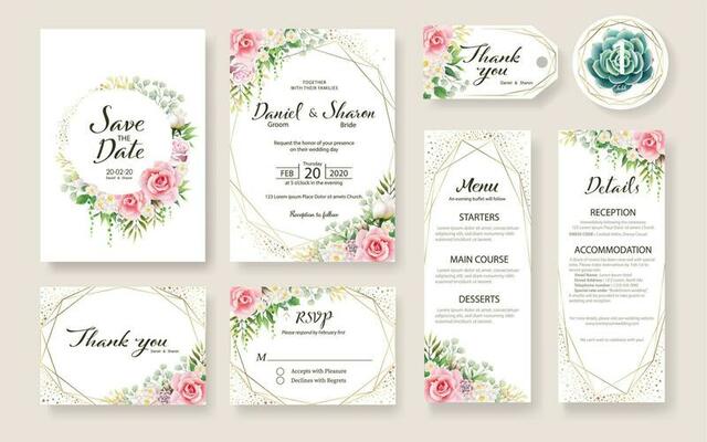 Floral Wedding Invitation card, save the date, thank you, rsvp, table label, tage template. Vector. Rose flower, Succulent, greenery plants.