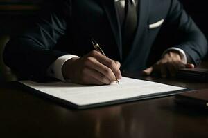 Close up, businessman signing  business deal contract photo