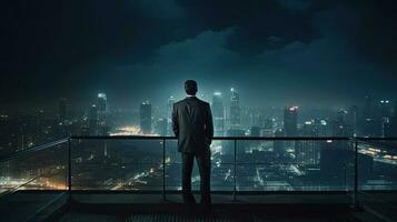 Businessman standing on balcony front view of city at night Business inspiration and vision photo