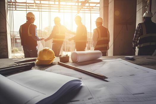 Construction of an engineer's or architect's project with partners and on - site engineering tools photo