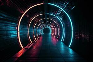 The background of a multi-colored neon tunnel that stretches into the distance photo