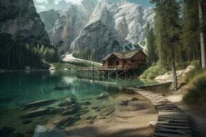 Wooden hut on Lake Braies in Dolomites, Italy photo