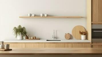 Interior of modern kitchen with white walls, wooden countertops, round wooden bowls with dried flowers and clocks. 3d rendering photo