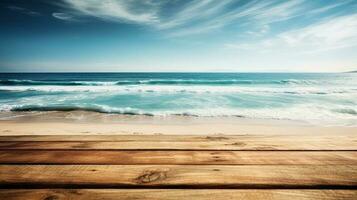 Wooden table, background with sunlight and sea in the background with copy space. photo