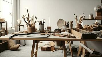 interior of modern artist studio with wooden easel, canvas, painting tools photo