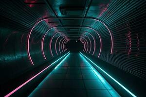 The background of a multi-colored neon tunnel that stretches into the distance photo