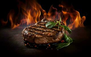 Grilled beef steak on the grill with flame On dark background, landscape view photo
