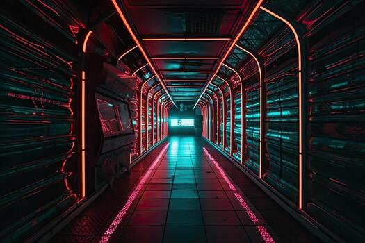 The background of a multi-colored neon tunnel that stretches into the distance photo