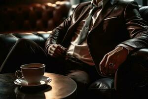 Close up. Young man in work clothes with hot coffee in a cafe photo