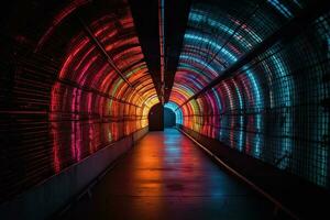 The background of a multi-colored neon tunnel that stretches into the distance photo