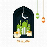 Paper Cut Illustration of Two Cartoon Sheep with Mosque, Hanging Crescent Moon and Lanterns on White Arabic Pattern Background for Eid-Ul-Adha Mubarak. vector