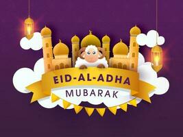 Eid al-Adha Mubarak texto en dorado cinta con dibujos animados oveja, mezquita, nubes y colgando iluminado linternas en púrpura antecedentes. vector