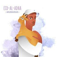 Eid al-Adha Mubarak celebracion concepto con musulmán hombre que lleva un cabra en su hombro y púrpura acuarela chapoteo antecedentes. vector