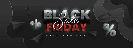 Black Friday Sale Header or Banner Design with Discount Offer, 3D Percentage Symbol and Triangle Elements on Dark Grey Wave Paper Cut Background. vector