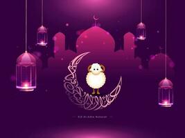 Arabic Calligraphy of Eid-Al-Adha Mubarak Text in Crescent Moon with Cartoon Goat, Silhouette Mosque and Hanging Illuminated Lanterns on Purple Bokeh Background. vector