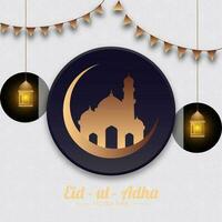 Eid-Ul-Adha Mubarak Concept with Bronze Crescent Moon, Mosque, Hanging Illuminated Lanterns and Bunting Flags on Blue Arabic Pattern Background. vector