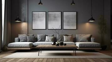 The interior design of the living room is stylish, minimalist and comfortable on a loft background. photo