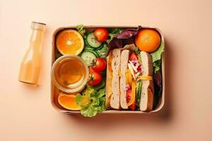 almuerzo caja con sándwiches, vegetales y jugo. parte superior ver con Copiar espacio. foto