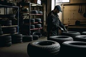 Mechanic service is changing new tires and wheels. on the garage background photo