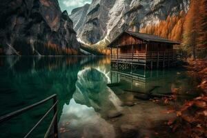 de madera choza en lago braies en dolomitas, Italia foto