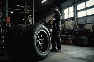 Mechanic service is changing new tires and wheels. on the garage background photo