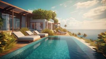 illustration of pool and villa resort or beach house. sun loungers on Sunbathing deck and private swimming pool with sea view at luxury villa resort photo