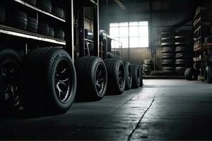 Mechanic service is changing new tires and wheels. on the garage background photo