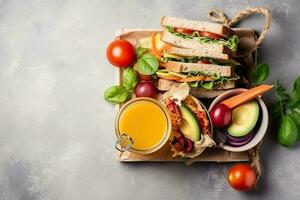 Lunch box with sandwiches, vegetables and juice. Top view with copy space. photo