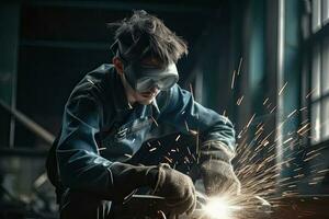 Worker making electric grinding wheel on steel structure in factory Metal processing with an angle grinder sparks in metal photo