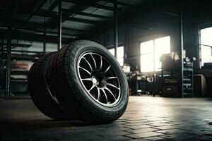 Mechanic service is changing new tires and wheels. on the garage background photo