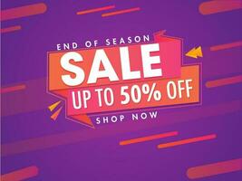 Sale banner or poster design with discount offer on purple abstract background for End of Season. vector