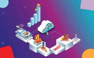 Miniature people studying or preparing in different platform connected to cloud library and infographic elements for Online Library concept based isometric design. vector