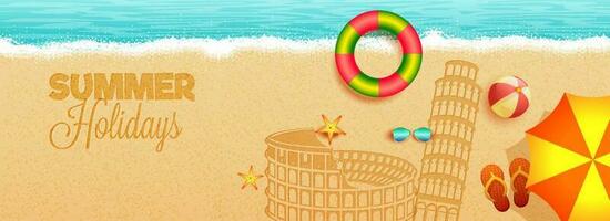 Summer holidays in italy concept with beach view, sand art illustration of colesseum, and pisa tower, umbrella, volley ball, and sunglasses. vector