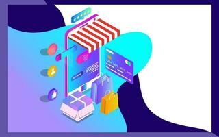 3D view of Online shopping app in smartphone with payment card and gift box on abstract background. Can be used as web banner or poster design. vector