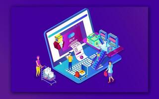 3D illustration of Online shopping or payment from laptop and smartphone with users character on purple background can be used as web poster design. vector