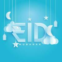 Stylish text of Eid with decoration of hanging moon, clouds and lantern on sky blue background. Paper cut style poster or banner design. vector