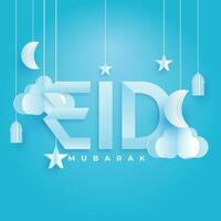 elegante texto de eid con decoración de colgando luna, nubes y linterna en cielo azul antecedentes. papel cortar estilo póster o bandera diseño. vector