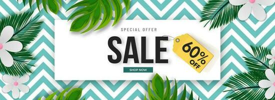 Advertising sale banner or header design with discount offer and tropical leaves, flowers decorated abstract background. vector