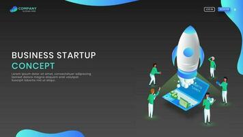 Creative banner or website template design with illustration business people launching project from laptop on black background for Online Startup Business concept. vector