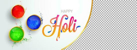 Top view of color bowls with stylish lettering of holi and space for your image. Indian festival of colors celebration banner design. vector